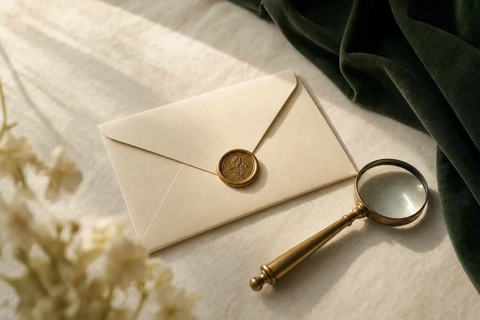 A cream envelope sealed with a brass wax seal beside a magnifying glass — verified, personalised correspondence